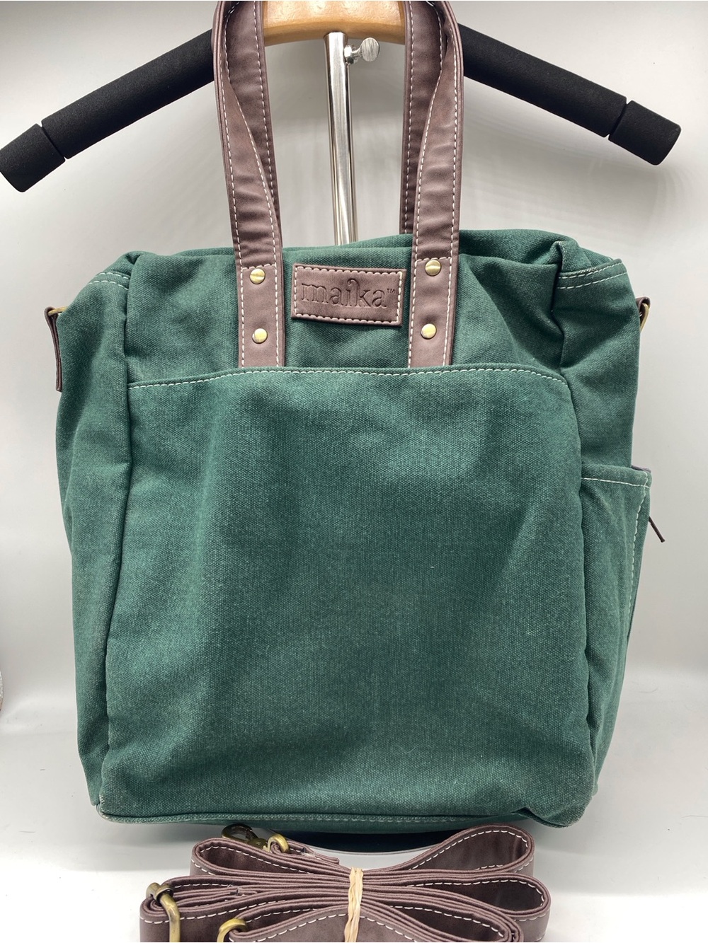 Maika Forest Green Canvas Crossbody with Brown Leather Trim